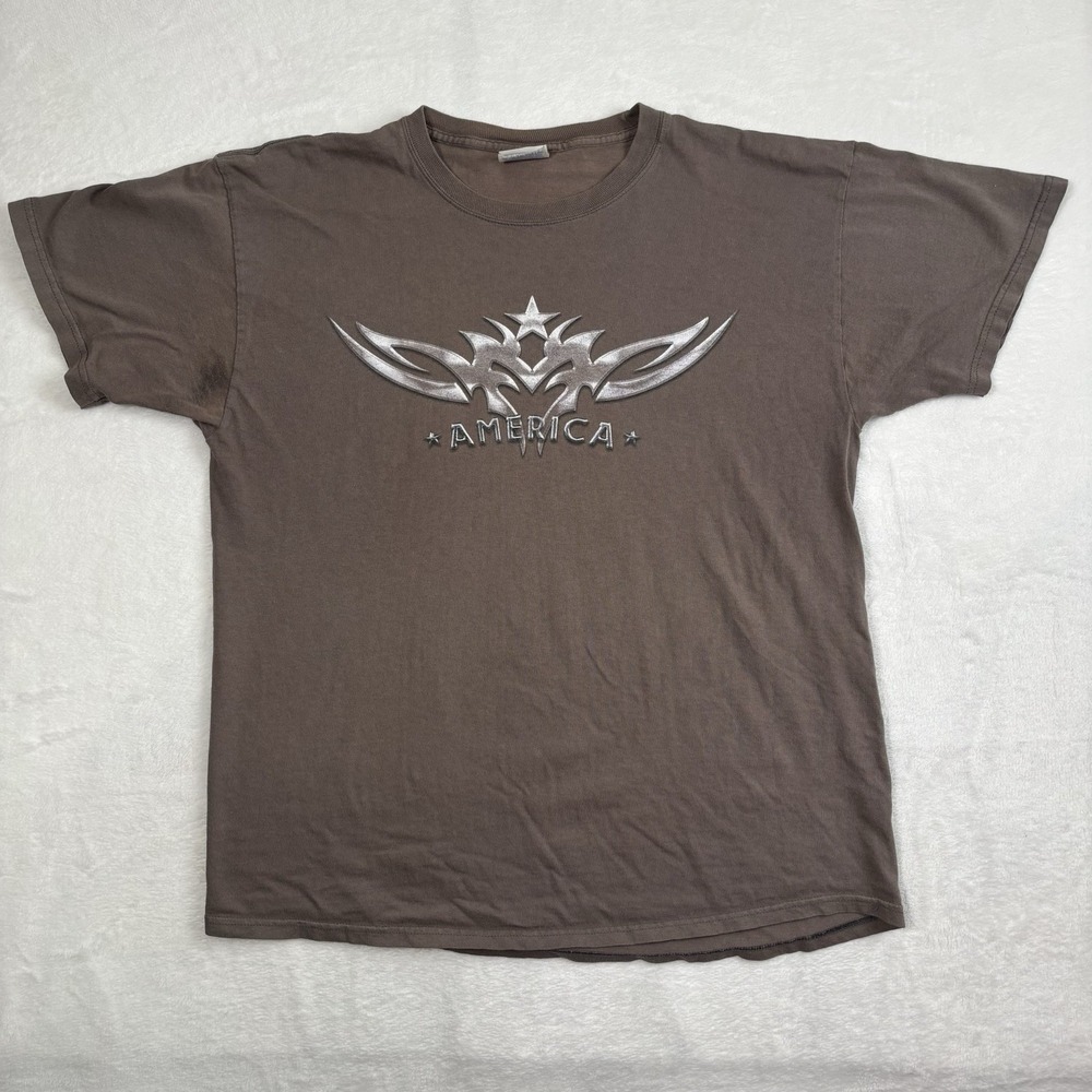 Y2K Hanes America Logo Motorcycle Brown Short Sleeve Graphic Shirt Men's L Stain